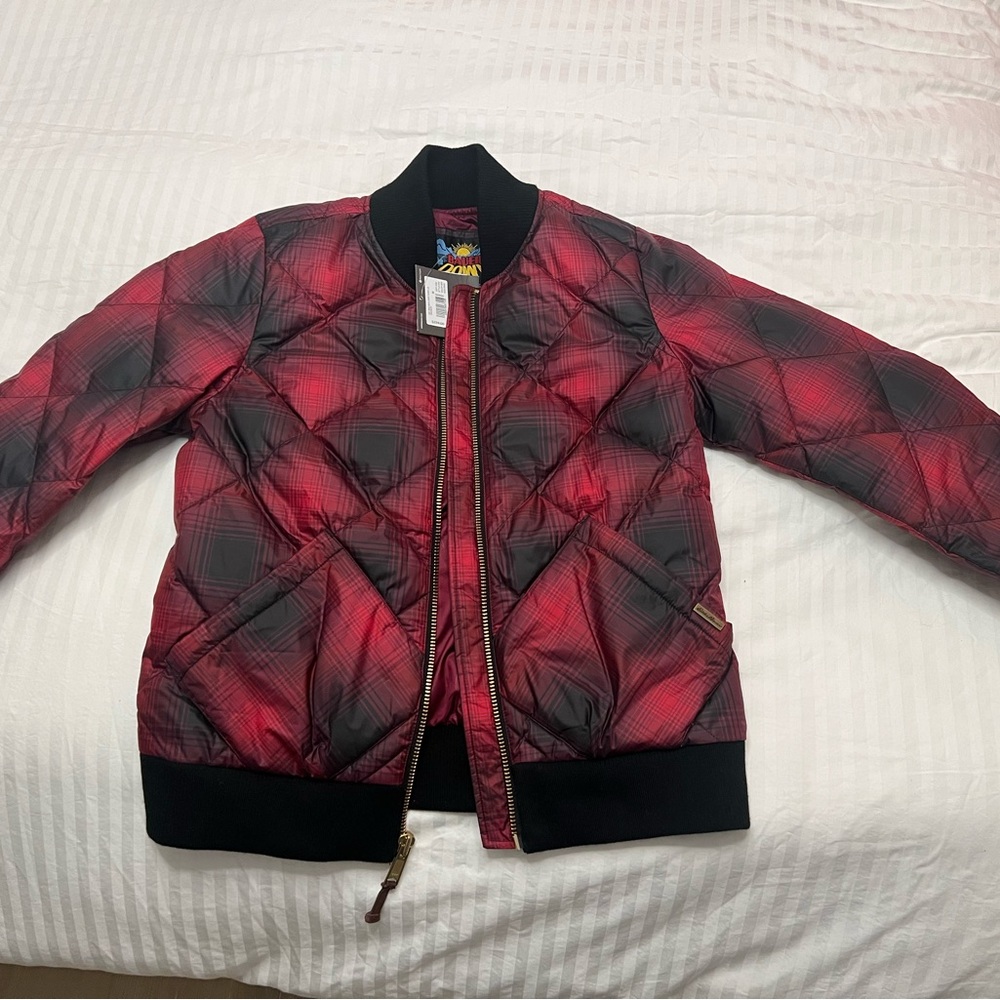 NEW Eddie Bauer Alpha Industries Red and Black DOWN  Bomber Jacket
